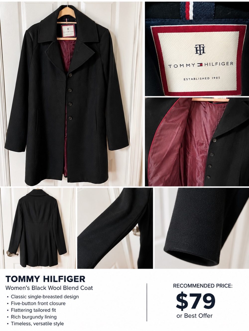 Tommy Hilfiger Black Wool-Blend Pea Coat with Burgundy Lining